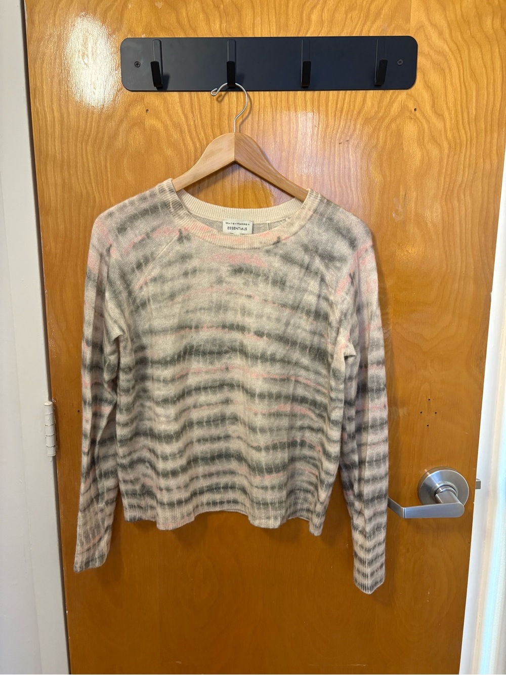 White + Warren Cream Crewneck Sweater with Gray and Pink Tie-Dye 100% cashmere